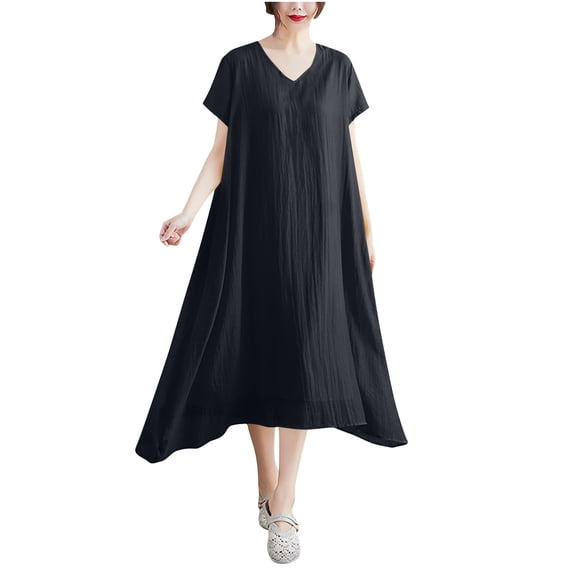 STETMN Women's Baggy Maxi Dress V Neck Lightweight Long Dresses Solid Flowy Summer Sundress