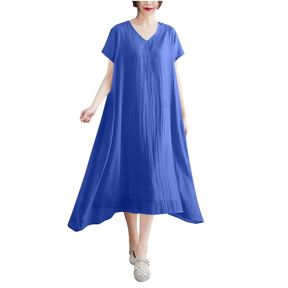 STETMN Women's Baggy Maxi Dress V Neck Lightweight Long Dresses Solid Flowy Summer Sundress