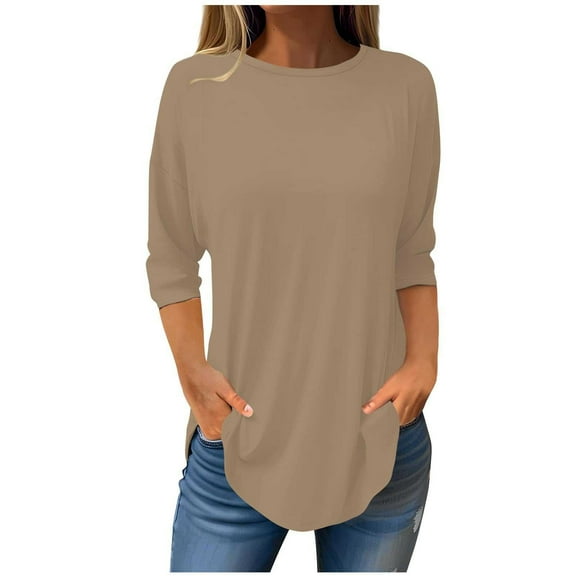 STETMN Women's Basic Crew Neck Top Casual Fall Plain Long Shirt Lightweight Curved Hem Shirt