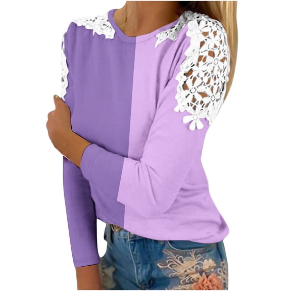 STETMN Women's Basic Crew Neck Top Lace Patchwork Long Sleeve Shirts Casual Color Block Fall T-Shirt