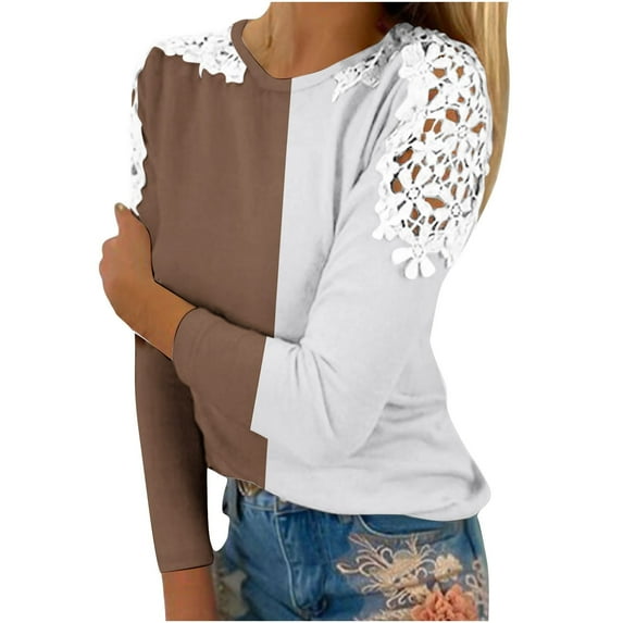 STETMN Women's Basic Crew Neck Top Lace Patchwork Long Sleeve Shirts Casual Color Block Fall T-Shirt