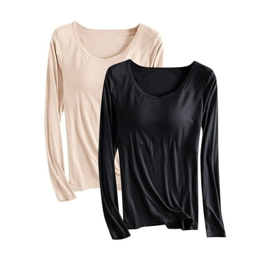 STETMN Women's Basic Long Sleeve Top Crew Neck Built in Bra T-shirt Cozy Breathable Modal Shirts 2 Pack