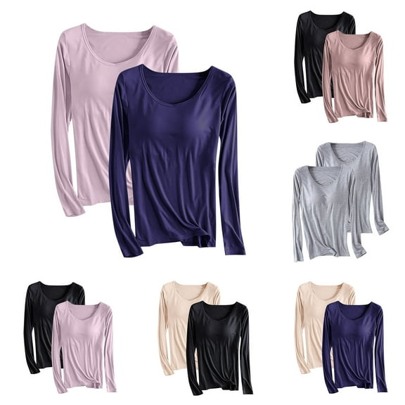 STETMN Women's Basic Long Sleeve Top Crew Neck Built in Bra T-shirt Cozy Breathable Modal Shirts 2 Pack