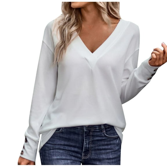STETMN Women's Blouses Casual V Neck Button Long Sleeve Tops Lightweight Loose Fit Fall Basic Tees