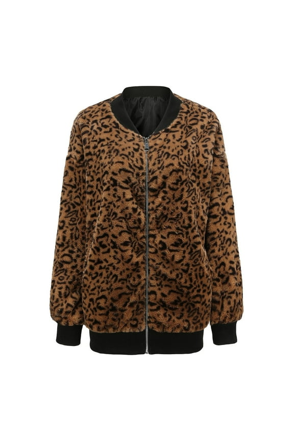 Women's Bomber Jacket Trendy Fuzzy Leopard Print Coat Zip up Fall Outwear Clothes