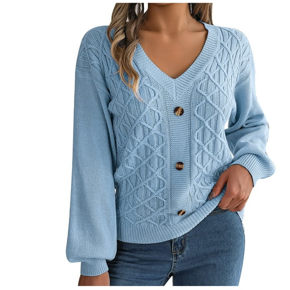 STETMN Women's Button V Neck Sweaters Cable Knit Lantern Sleeve Pullover Tops Loose Cozy Knitted Shirt
