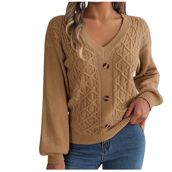 STETMN Women's Button V Neck Sweaters Cable Knit Lantern Sleeve Pullover Tops Loose Cozy Knitted Shirt