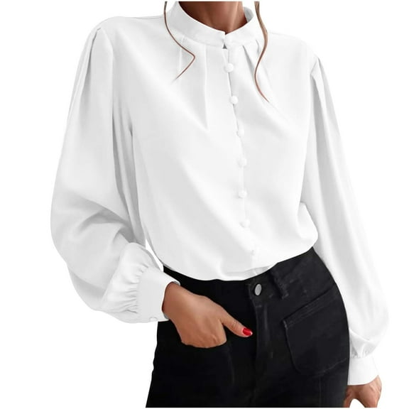 STETMN Women Button Down Blouse Mock Neck Pleated Tops Long Sleeve Business Casual Shirt