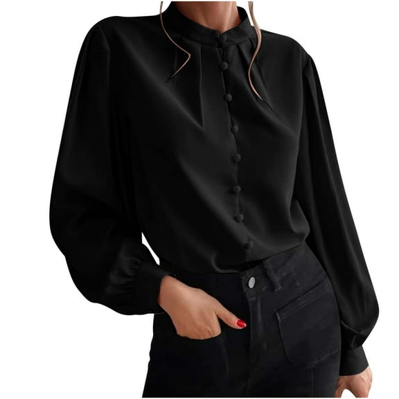 STETMN Women Button Down Blouse Mock Neck Pleated Tops Long Sleeve Business Casual Shirt