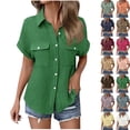 thumbnail image 1 of STETMN Women's Cotton Gauze Blouse Casual Roll Short Sleeve Shirt Collared Button Down Shirts with Pockets for Officewear, 1 of 6
