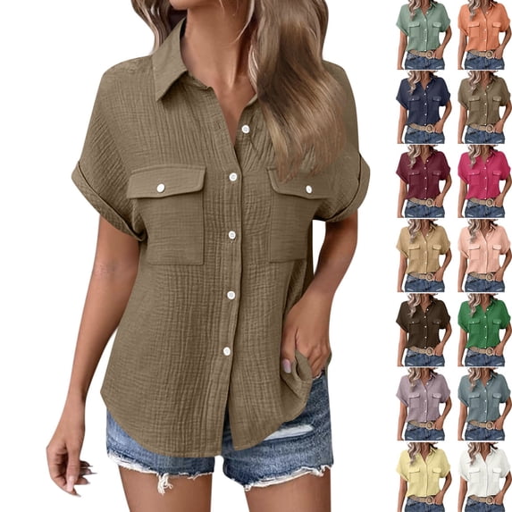 STETMN Women's Cotton Gauze Blouse Casual Roll Short Sleeve Shirt Collared Button Down Shirts with Pockets for Officewear
