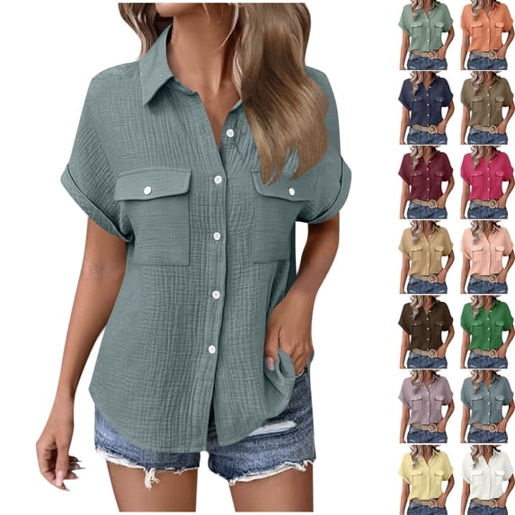 STETMN Women's Cotton Gauze Blouse Casual Roll Short Sleeve Shirt Collared Button Down Shirts with Pockets for Officewear