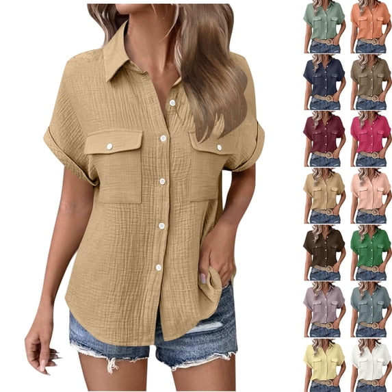 STETMN Women's Cotton Gauze Blouse Casual Roll Short Sleeve Shirt Collared Button Down Shirts with Pockets for Officewear