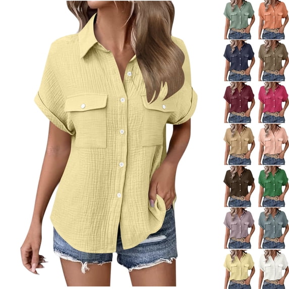 STETMN Women's Cotton Gauze Blouse Casual Roll Short Sleeve Shirt Collared Button Down Shirts with Pockets for Officewear