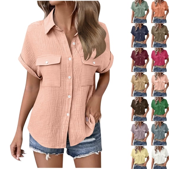 STETMN Women's Cotton Gauze Blouse Casual Roll Short Sleeve Shirt Collared Button Down Shirts with Pockets for Officewear