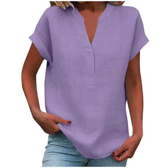 STETMN Women's Casual Cotton Linen Tunic Top V Neck Cap Sleeve Loose Fit Blouse Summer Solid Shirt