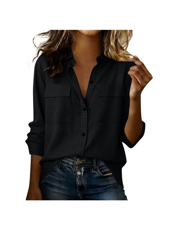 Women's Casual Linen Blouse Button Down Collared Long Sleeve Shirt with Pockets for Summer Workwear