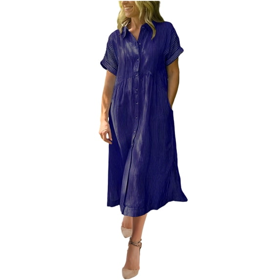 STETMN Women's Casual Shirt Dresses Short Sleeve Maxi Sundress Stripe Button Up Dresses with Pocket