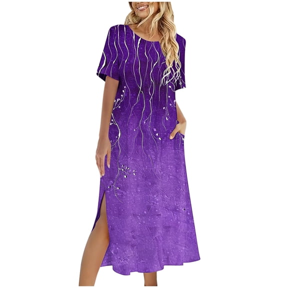 STETMN Women's Casual Summer Dress Short Sleeves Loose Sundress Split Long Beach Print Shirt Dress