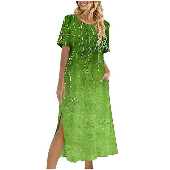 STETMN Women's Casual Summer Dress Short Sleeves Loose Sundress Split Long Beach Print Shirt Dress