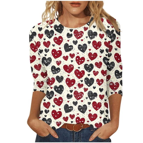 STETMN Women's Casual Valentine T-Shirt 3/4 Sleeve Love Heart Print Graphic Crewneck Cute Spring Top Tee
