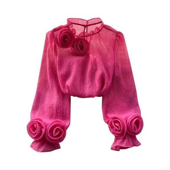 STETMN Women's Chiffon Blouse Ruffle Puff Sleeve Tops Frill Neck Flower Trim Elegant Shirt