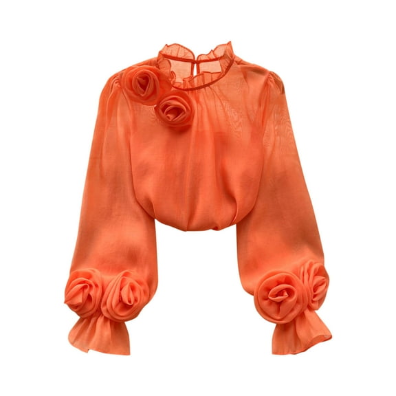 STETMN Women's Chiffon Blouse Ruffle Puff Sleeve Tops Frill Neck Flower Trim Elegant Shirt