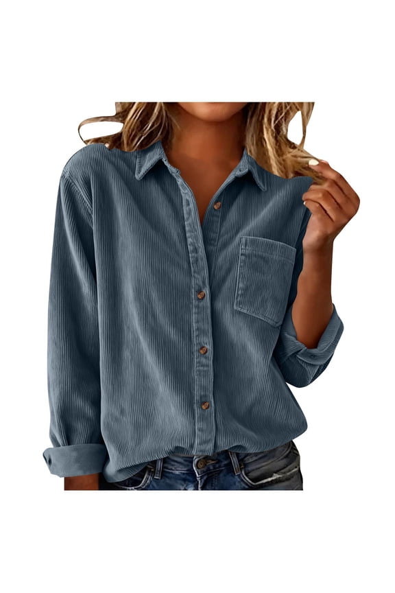 Women's Corduroy Blouse Fall Winter Button Up Shirt Solid Warm Office Shirts