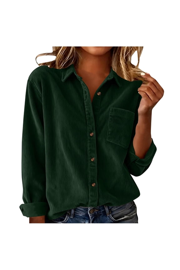 Women's Corduroy Blouse Fall Winter Button Up Shirt Solid Warm Office Shirts