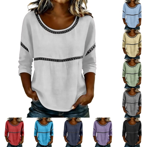 STETMN Women's Cotton Linen 3/4 Sleeve Tops Scoop Neck Loose Fit Casual T-Shirt for Summer Vacation