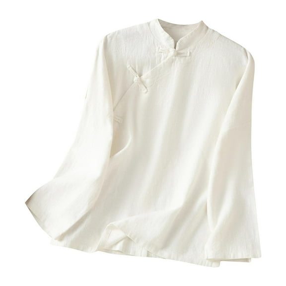 STETMN Women's Cotton Linen Blouse Loose Chinese Frog Button Tops Side Split Long Sleeve Shirt