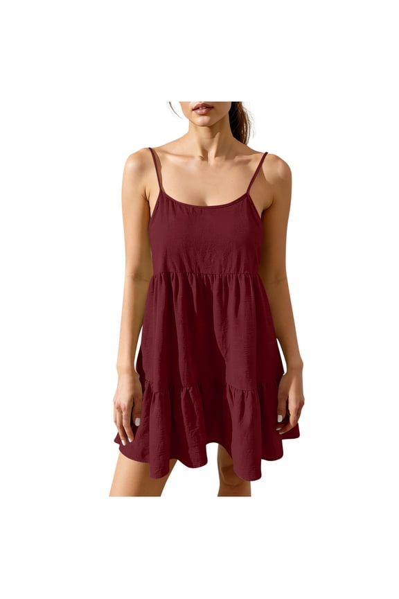 Women's Cotton Linen Dress Cami Spaghetti Strap Dresses Tiered Mini A-line Beach Sundress