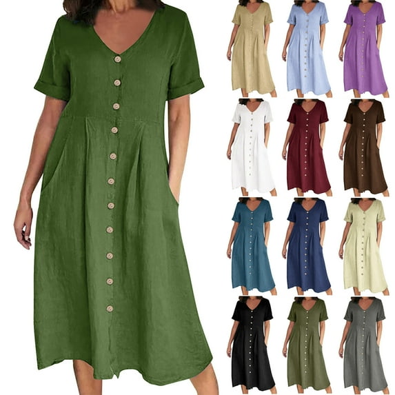 STETMN Women's Cotton Linen Maxi Dress Short Sleeve Loose Casual Summer Dresses Vacation Sundress