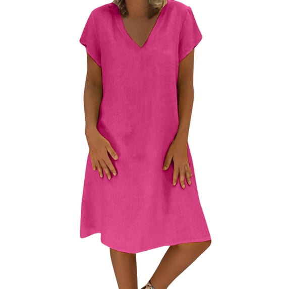 STETMN Women's Cotton Linen Midi Dress V Neck Casual Loose Short Sleeve Beach Sundress