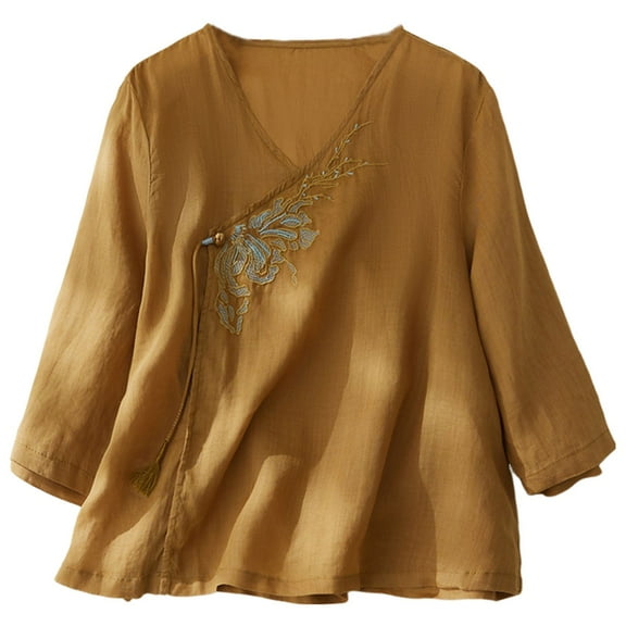 STETMN Women's Cotton Linen Shirts Casual 3/4 Sleeve Vintage Top Embroidery V Neck Blouse