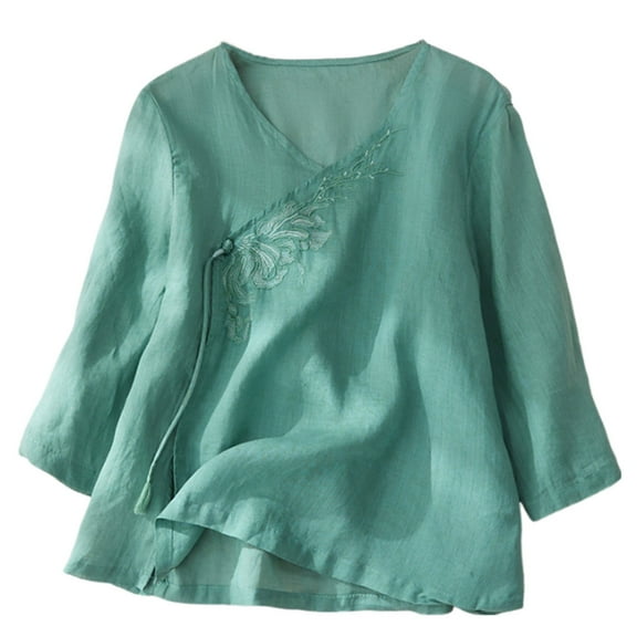STETMN Women's Cotton Linen Shirts Casual 3/4 Sleeve Vintage Top Embroidery V Neck Blouse
