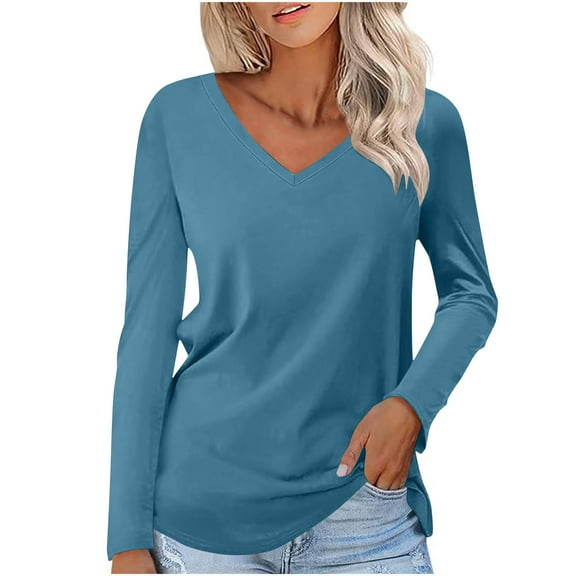 STETMN Women's Cotton Long Sleeve Top Casual V Neck Solid Shirt Fall Layer Basic Tees