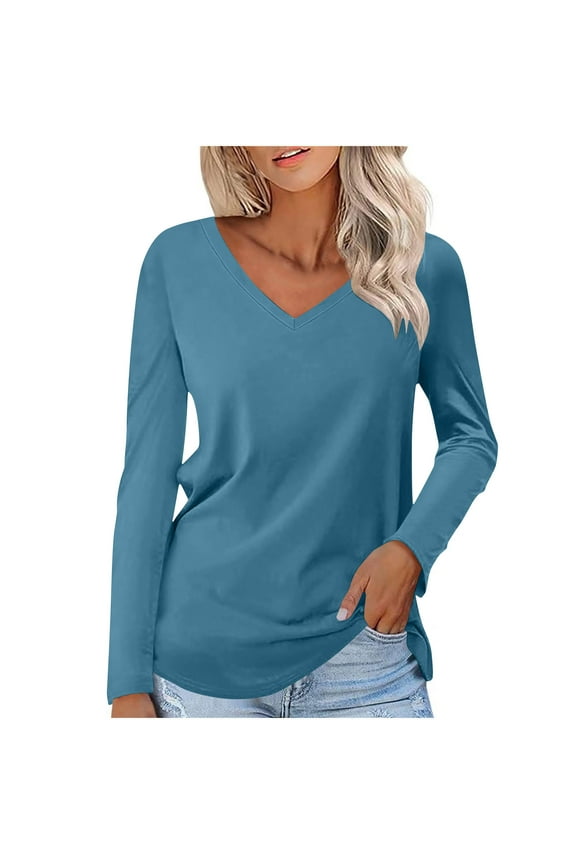 Women's Cotton Long Sleeve Top Casual V Neck Solid Shirt Fall Layer Basic Tees