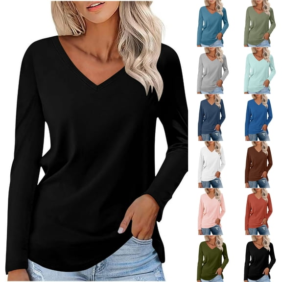 STETMN Women's Cotton Long Sleeve Top Casual V Neck Solid Shirt Fall Layer Basic Tees