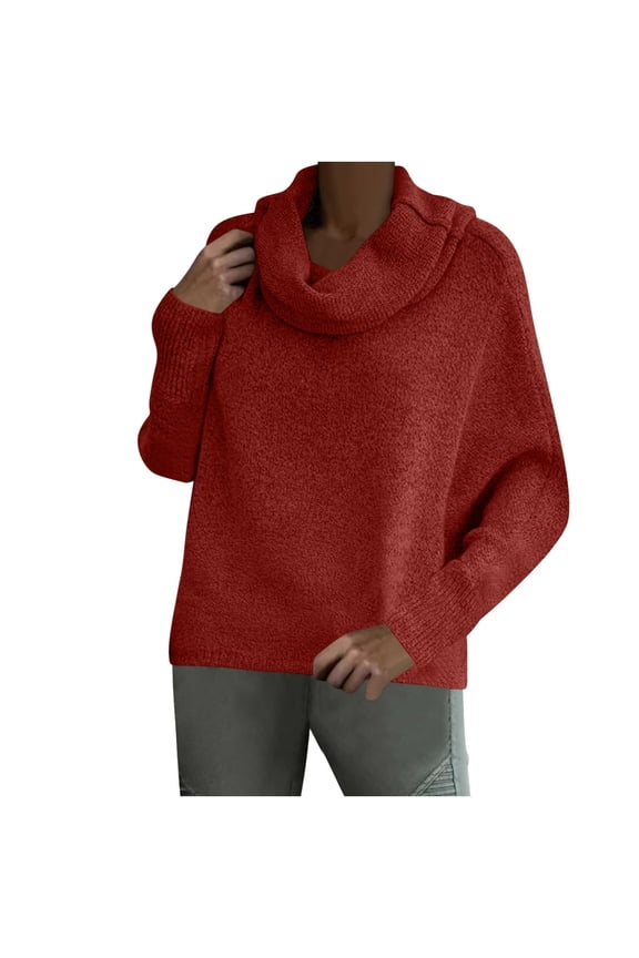 Women's Cowl Neck Sweaters Loose Long Sleeve Solid Tops Trendy Knit Fall Tunic Jumper