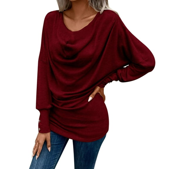 STETMN Women's Cowl Neck Tops Ruched Long Sleeve Tunic Shirt Office Dressy Casual Blouse