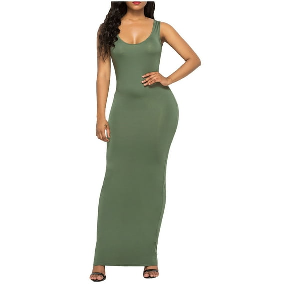STETMN Women's Crew Neck Solid Sleeveless Summer Beach Tank Top Casual Maxi Dress