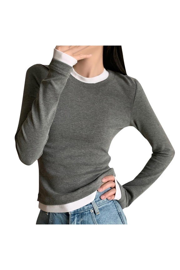 Women's Crew Neck Tops Slim Fitted Color Block Long Sleeve Tee Casual Going Out Shirt