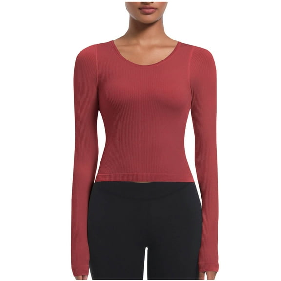 STETMN Women's Crewneck Top Stretch Slim Ribbed Shirts Casual Long Sleeve Crop Basic Yoga Tee