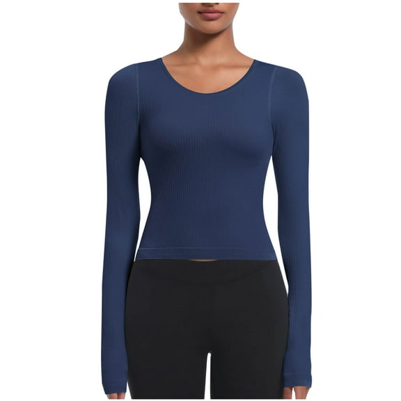 STETMN Women's Crewneck Top Stretch Slim Ribbed Shirts Casual Long Sleeve Crop Basic Yoga Tee