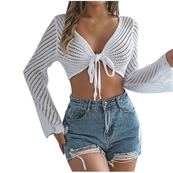 STETMN Women's Crochet Cardigan Casual Bell Long Sleeve Crop Tops Tie Front Beach Hollow Out Shrug Shirt