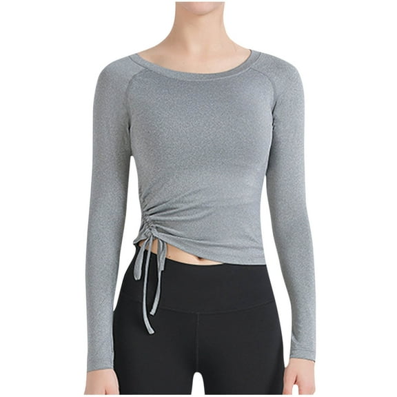 STETMN Women's Crop Top Lightweight Long Sleeve Slim Shirt Side Drawstring Workout Yoga T-shirt