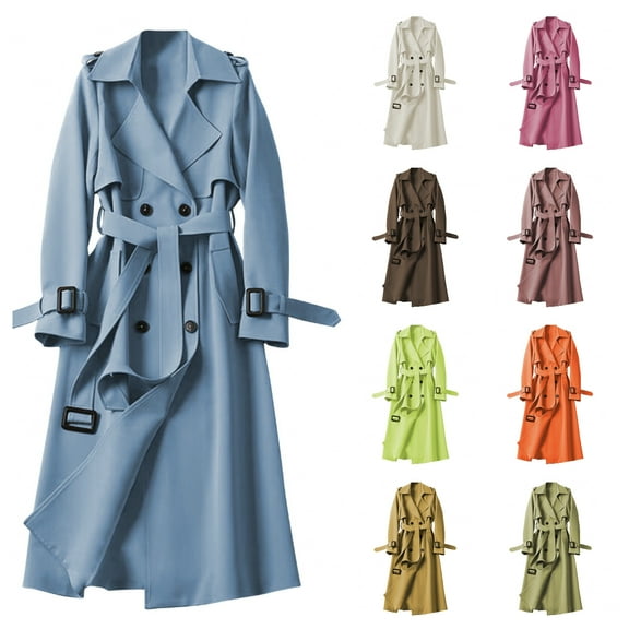 STETMN Women's Double Breasted Long Trench Coat Casual Windproof Lapel Overcoat with Belt