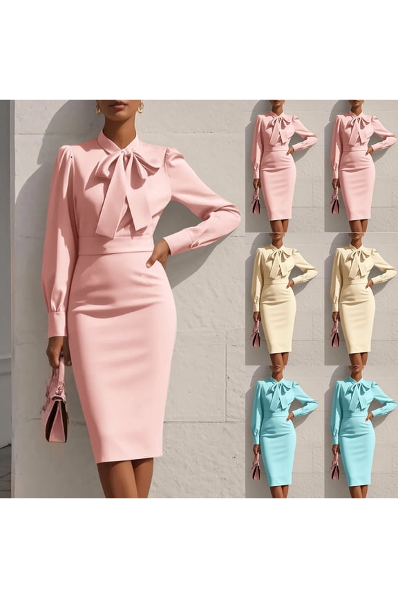 Women's Elegant Business Dress Long Sleeve Mid Dresses Tie Bow Neck Office Dress