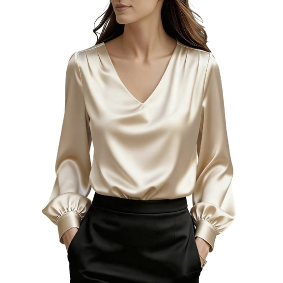 STETMN Women's Elegant Satin Shirts Pleated V Neck Blouse Long Sleeve Office Formal Outfits